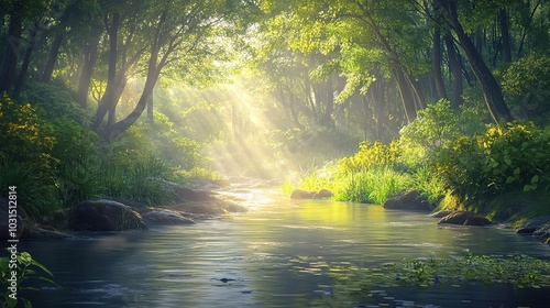 Serene River in Lush Green Forest with Sunlight