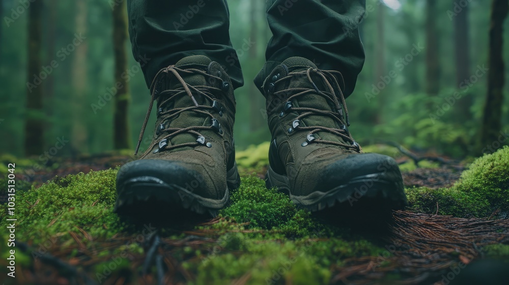 Hiking Boots on Forest Floor in Nature Setting Hiking Boots on Forest Floor in Nature Setting