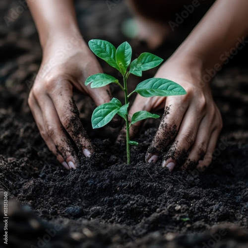 Hands Planting a Sapling in Rich Soil - Environmental Conservation and New Life