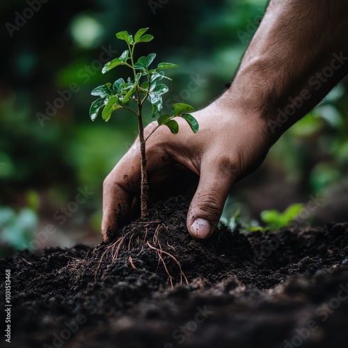 Closeup of Hand Planting a Sapling in Rich Soil - Environmental Conservation, Sustainability, and Growth Concept.