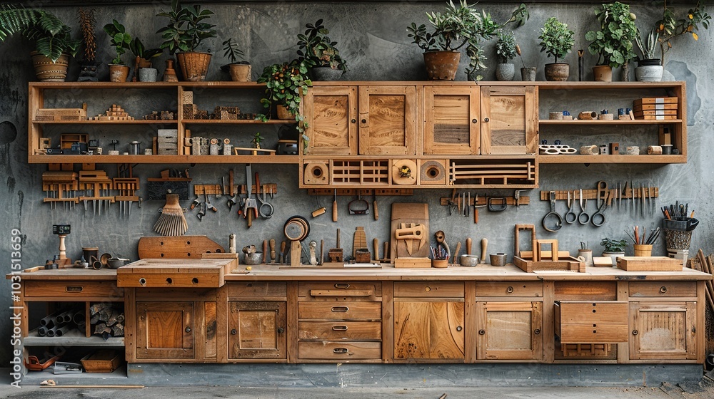 A wooden workshop filled with tools, plants, and organized storage for crafting and woodworking. A wooden workshop filled with tools, plants, and organized storage for crafting and woodworking.