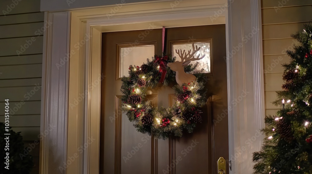 Cozy Christmas Door with Wreath and Lights Cozy Christmas Door with Wreath and Lights