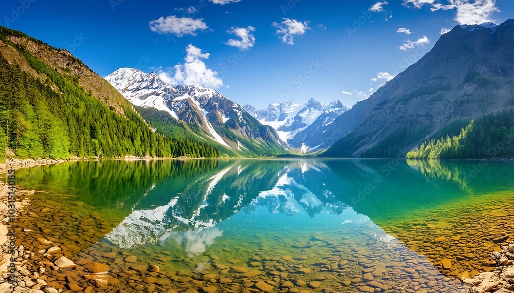 Fototapeta premium Scenic alpine lake reflecting snow-capped mountains under a blue sky in New Zealand