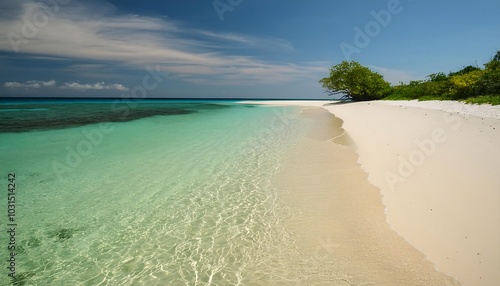 Crystal-clear waters lap against pristine white sands on a tropical island, creating a picturesque seascape under a vibrant blue sky photo