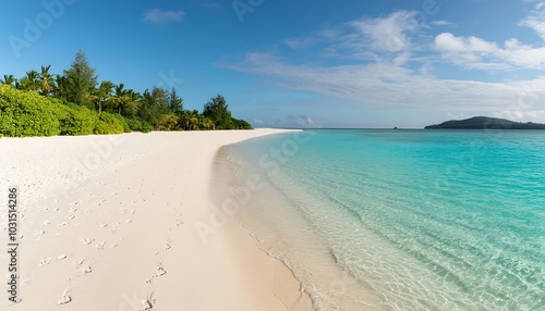 Crystal-clear waters lap against pristine white sands on a tropical island, creating a picturesque seascape under a vibrant blue sky