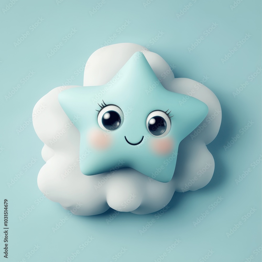 Cute Cartoon Star With Smiling Face Sitting On A Cloud 3D Render. Cute Cartoon Star With Smiling Face Sitting On A Cloud 3D Render.