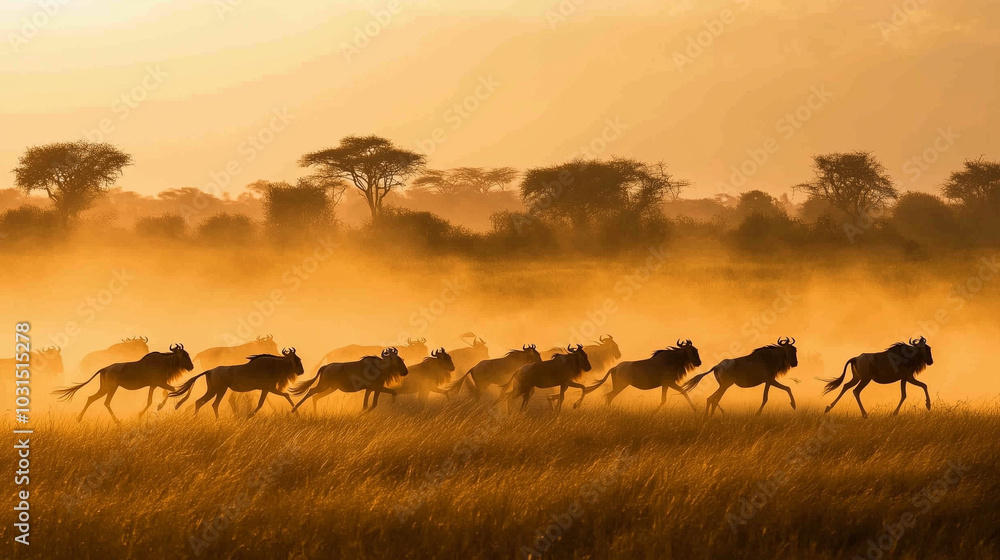A large herd of wildebeest thundering across the open savanna A large herd of wildebeest thundering across the open savanna