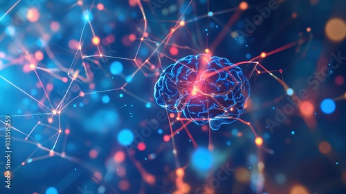 Abstract Brain with Connected Network Lines and Bokeh Lights - Artificial Intelligence, Neural Network, Technology Concept.