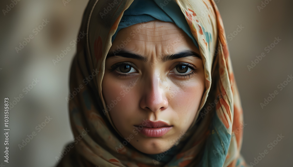 Portrait of a frightened and agitated Muslim woman in a hijab with sad eyes. Islamic culture. Portrait of a frightened and agitated Muslim woman in a hijab with sad eyes. Islamic culture.