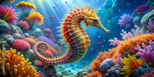 A Vibrant Seahorse Amidst a Tapestry of Marine Life, Its Tail Curled in a Delicate Dance Among Corals and Brightly Colored Sea Anemones