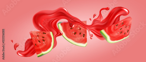 Watermelon triangle slices with seeds flying with red juice splash. Realistic 3d vector illustration of ripe berry cut pieces in summer smoothie drink surge on pink background. Fruit beverage banner.