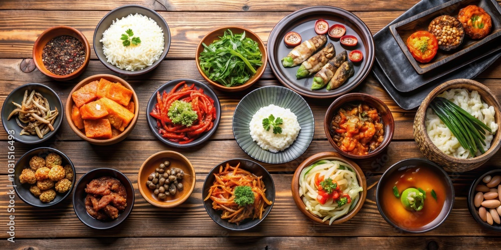 Assortment of Korean traditional dishes on a wooden table, Korean, traditional, food, cuisine, kimchi, bibimbap, bulgogi Assortment of Korean traditional dishes on a wooden table, Korean, traditional, food, cuisine, kimchi, bibimbap, bulgogi