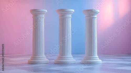 Three white pillars on checkered floor with a pink and blue backdrop