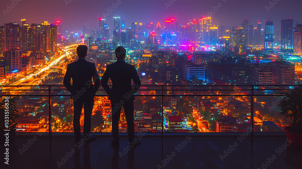 Two men on a balcony observing a cityscape at night. Two men on a balcony observing a cityscape at night.