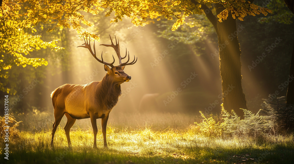 Obraz premium A regal stag with impressive antlers standing proudly in a sunlit forest.