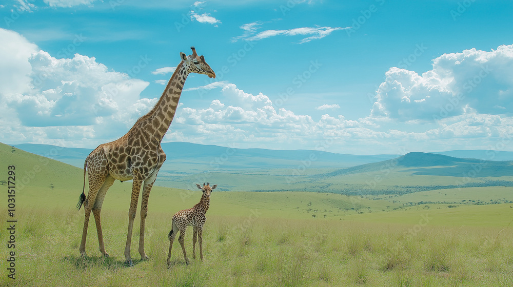 Obraz premium A heartwarming scene of a tall mother giraffe gently nuzzling her young calf. v3