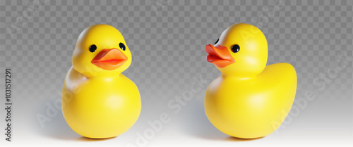 Rubber or plastic bath yellow duck toy with orange squeak front and side view on transparent background. Realistic 3d vector illustration set of float funny ducky bird bathtub kid game accessory.