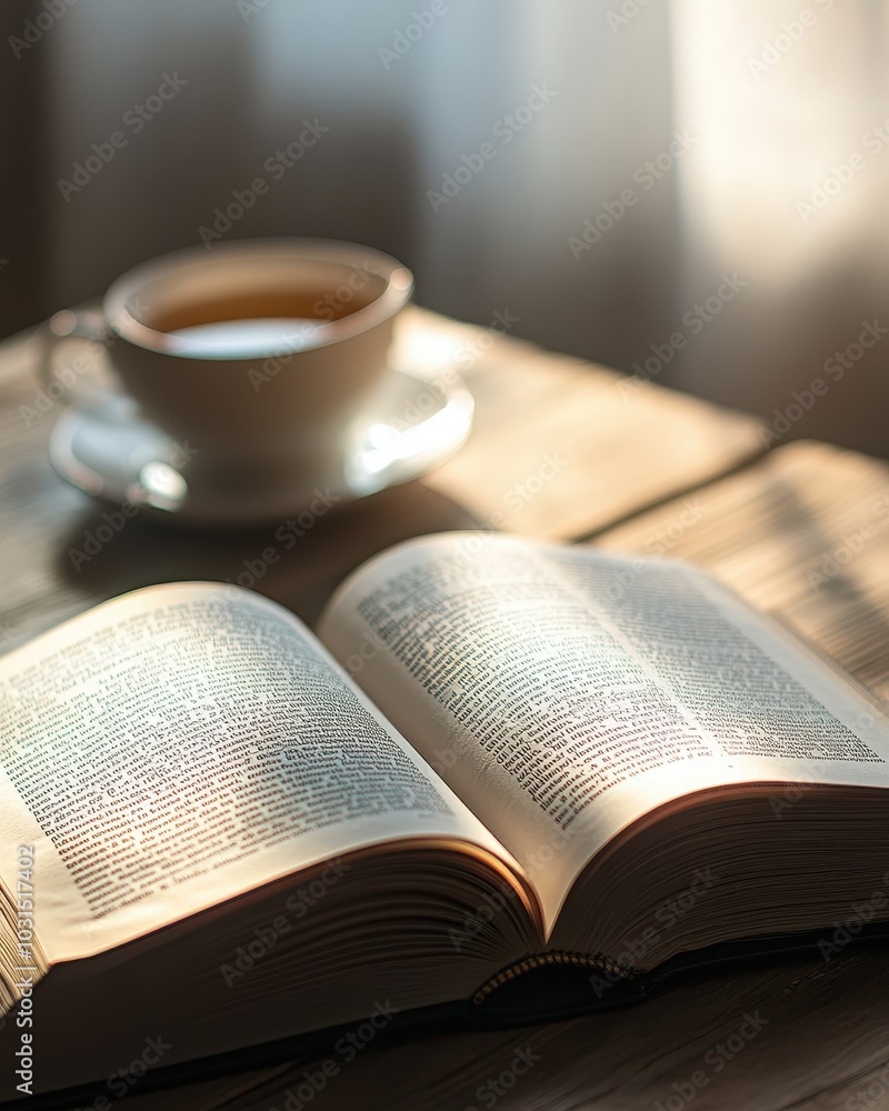 Open Book with Tea Cup on Wooden Table in Sunlight. Open Book with Tea Cup on Wooden Table in Sunlight.