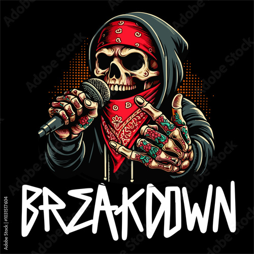 Fotografie Illustrator Vector Drawing Skull head hold microphone singing style hardcore iso