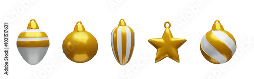 3d gold set render Christmas ball shapes. Realistic three-dimensional vector illustration. Winter holiday colors decoration in cartoon luxury style. Collection for Happy New year and Merry Christmas.