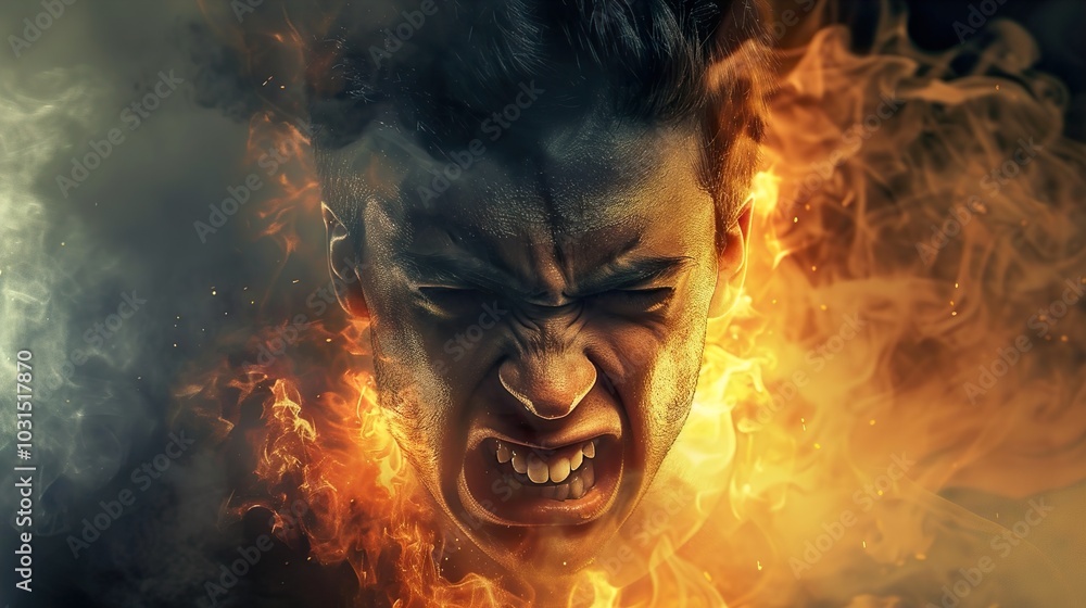 Man engulfed in flames, intense expression Man engulfed in flames, intense expression