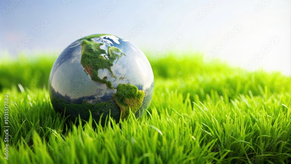 Green grass with a globe resting on top, earth, sphere, world, planet, environment, nature, grass, outdoors Green grass with a globe resting on top, earth, sphere, world, planet, environment, nature, grass, outdoors