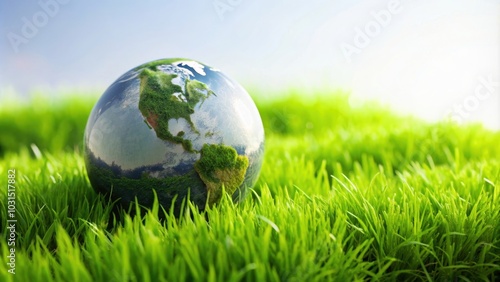 Green grass with a globe resting on top, earth, sphere, world, planet, environment, nature, grass, outdoors