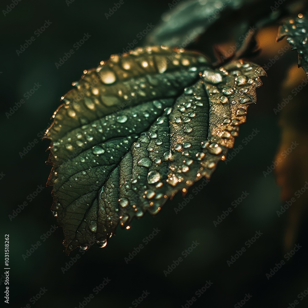 Close-up of Dew Drops on a Green Leaf with Backlighting - Nature Photography Close-up of Dew Drops on a Green Leaf with Backlighting - Nature Photography