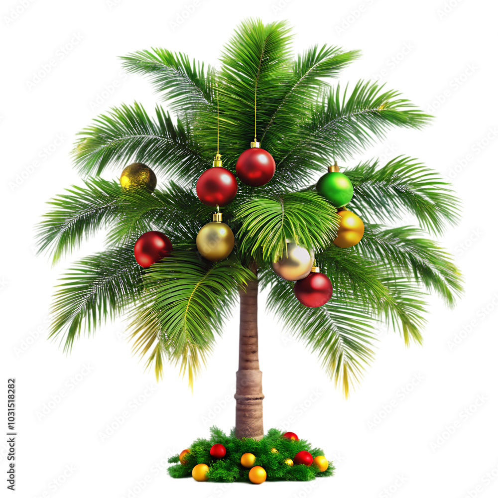 a palm tree with ornaments hanging from it a palm tree with ornaments hanging from it