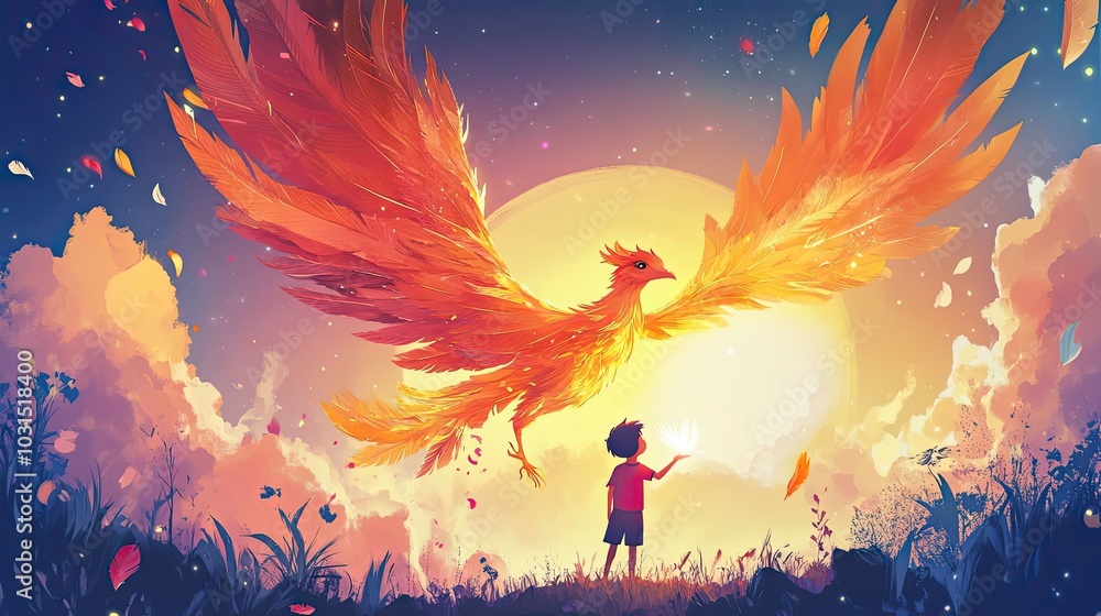A Boy Reaching Towards a Flying Phoenix in a Whimsical Sky A Boy Reaching Towards a Flying Phoenix in a Whimsical Sky