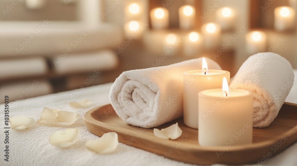 Relaxing spa setup with candles, towels, and rose petals on a soft surface. Relaxing spa setup with candles, towels, and rose petals on a soft surface.