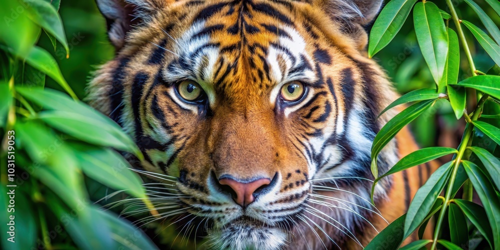 Fototapeta premium Intense close-up of a tiger's face peeking through dense foliage, capturing its piercing gaze and vibrant fur patterns