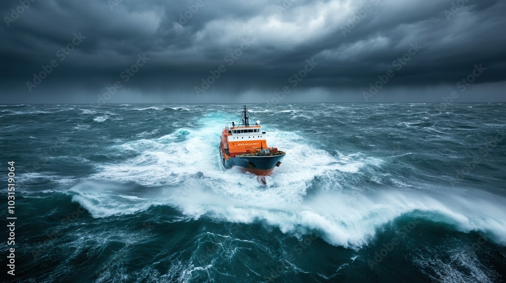 Naklejka premium Rescue boat navigating through stormy seas with turbulent waves.