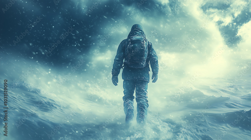 A solitary figure in a snow-covered wilderness, dressed in an insulated jacket and snow boots, trudging through knee-deep snow under dark, cloudy skies, with the cold wind howling around him A solitary figure in a snow-covered wilderness, dressed in an insulated jacket and snow boots, trudging through knee-deep snow under dark, cloudy skies, with the cold wind howling around him