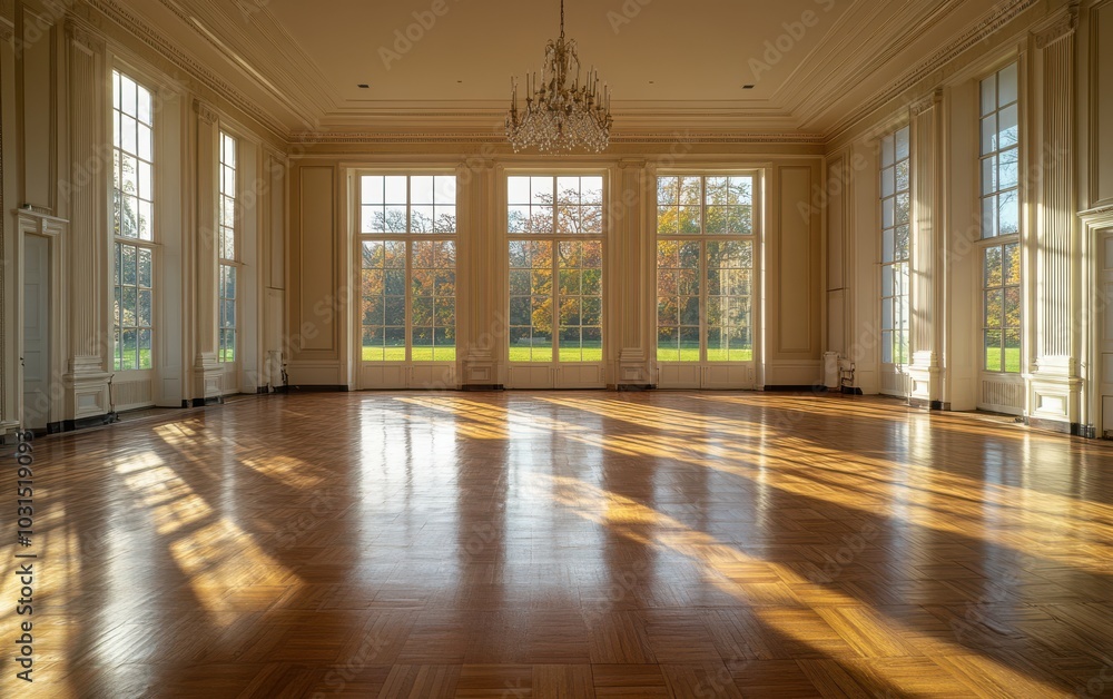 Fototapeta premium Large elegant empty room with wood floors and luxurious chandelier, featuring tall windows and serene outdoor views