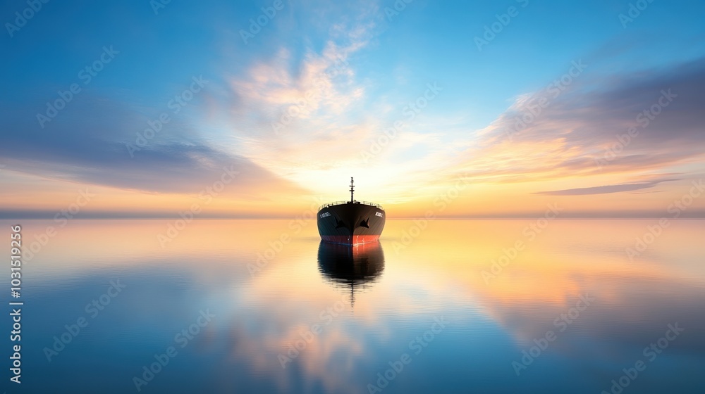 Serene boat at sunset on still water, reflecting vibrant colors in the sky. Serene boat at sunset on still water, reflecting vibrant colors in the sky.