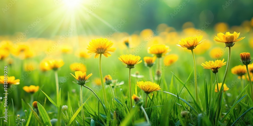 Fototapeta premium Yellow flowers bloom beautifully in a field of lush green grass, yellow, flowers, grass, nature, vibrant, meadow, spring
