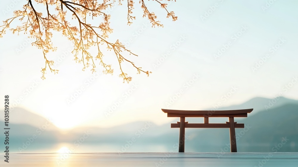 Serene landscape with a traditional torii gate by a lake during sunset. Serene landscape with a traditional torii gate by a lake during sunset.