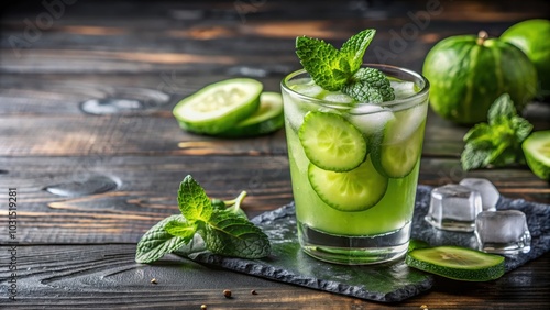 Fresh cucumber mint juice served in a glass with ice cubes , refreshing, beverage, drink, cold, healthy, organic, hydration