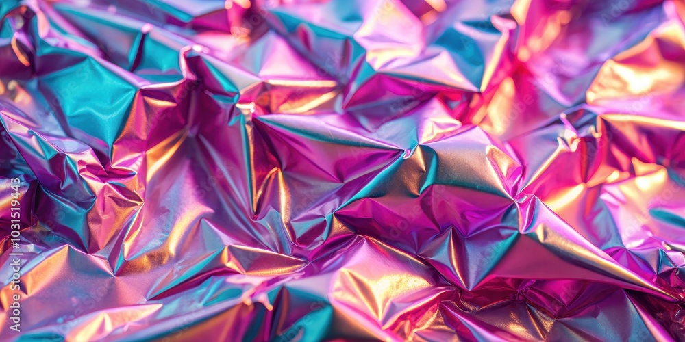Creased pink holographic foil with a shimmering effect , shiny, metallic, crumpled, abstract, background, texture Creased pink holographic foil with a shimmering effect , shiny, metallic, crumpled, abstract, background, texture