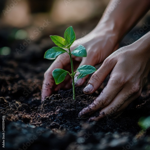 Hands Planting a Sapling in the Soil, Closeup Image of Green Leaves and Fingers in the Earth, Environmental Conservation and Growth Concept