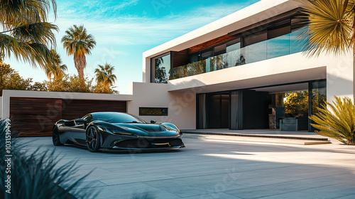 A sports car parked in front of a modern luxury home, its sleek design and powerful presence turning heads photo