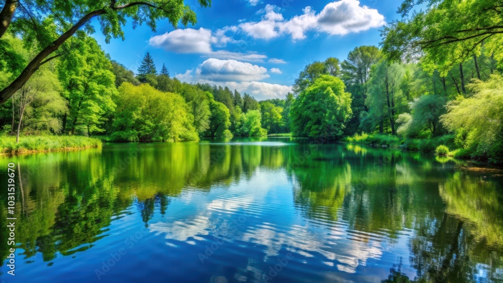 Tranquil lake surrounded by lush green trees, nature, water, peaceful, reflection, serenity, landscape, forest, outdoor Tranquil lake surrounded by lush green trees, nature, water, peaceful, reflection, serenity, landscape, forest, outdoor