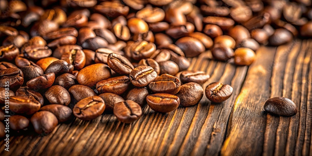 Naklejka premium Roasted coffee beans scattered on a rustic wooden surface, showcasing their rich brown hues and intricate details.