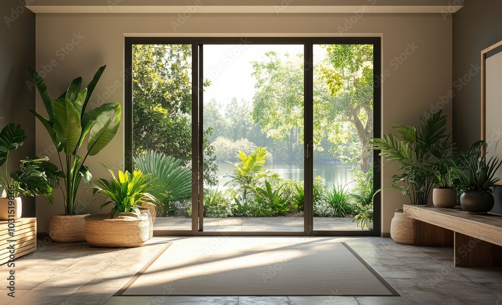 Fototapeta premium Modern living room with large glass doors overlooking a serene lake and lush greenery