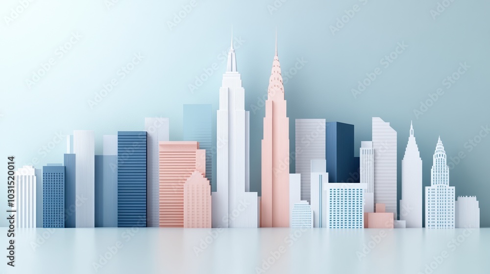 Obraz premium Stylized city skyline, minimal design with various building heights and colors, white background.