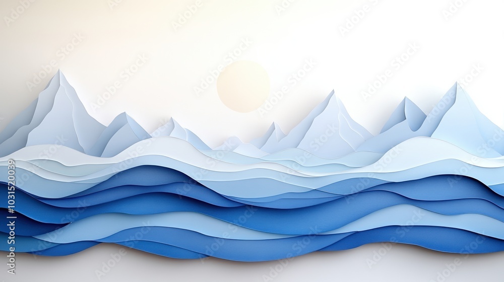 Stylized layered mountains and waves in shades of blue with a minimalist sun. Stylized layered mountains and waves in shades of blue with a minimalist sun.