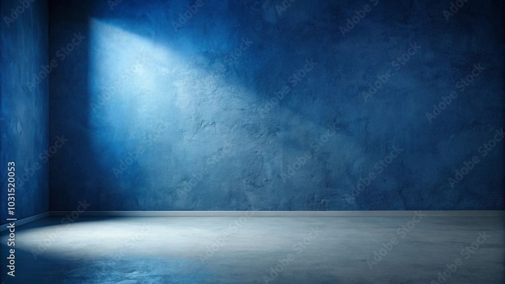 A single beam of light illuminates an empty room with a textured blue wall and a concrete floor. A single beam of light illuminates an empty room with a textured blue wall and a concrete floor.