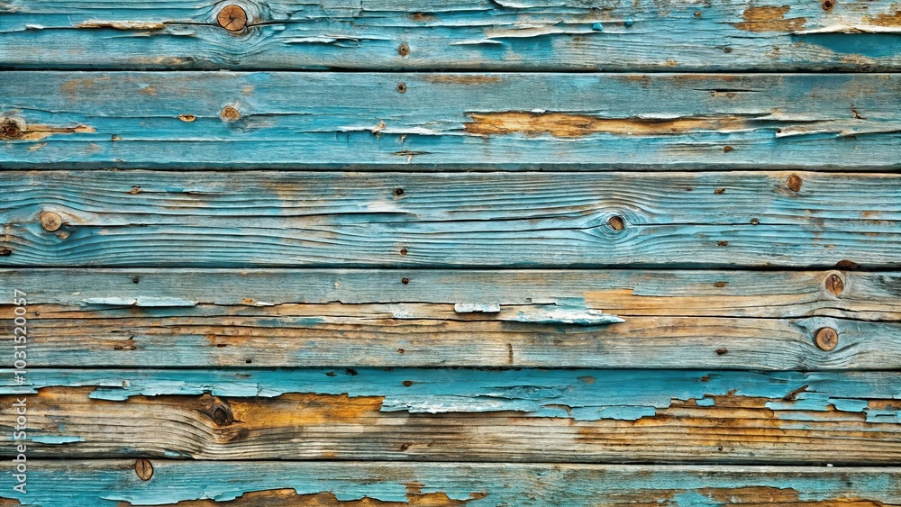 A weathered wooden surface, with streaks of blue paint revealing the natural woodgrain beneath, hinting at the passage of time and the resilience of nature.