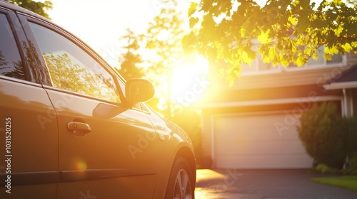 A well-maintained used car parked in front of a home, with the sun setting behind it, representing a reliable second-hand purchase